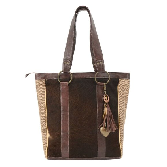 Liz Soto Brown Calf Hair Leather Tote Bag Handbag Chevron Tweed - Picture 1 of 8